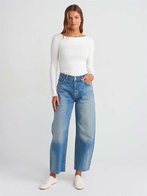 31401 Büzgülü Kayık Yaka Top Bluz