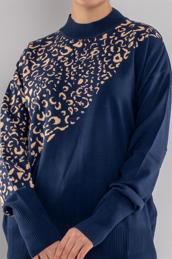 32274 Balıkçı Yaka Leopar Desenli Kazak