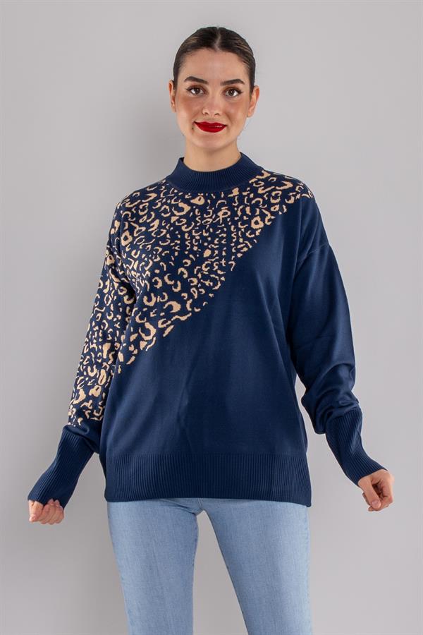 32274 Balıkçı Yaka Leopar Desenli Kazak