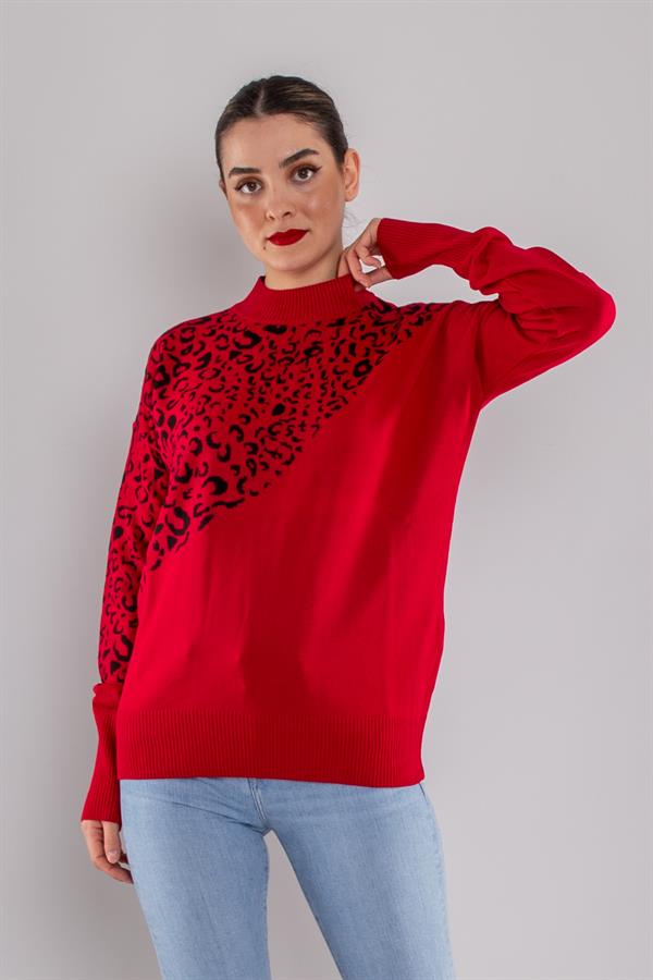 32274 Balıkçı Yaka Leopar Desenli Kazak