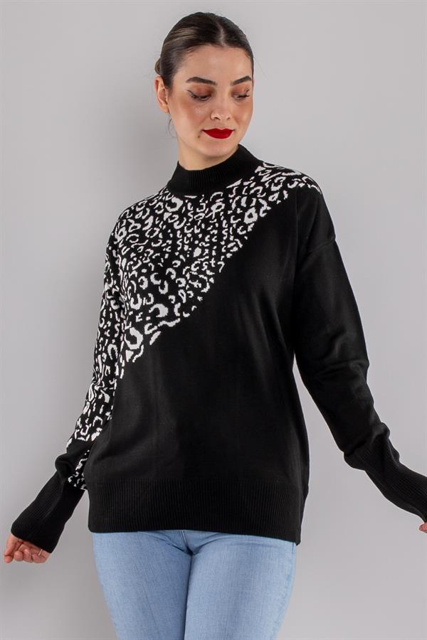 32274 Balıkçı Yaka Leopar Desenli Kazak