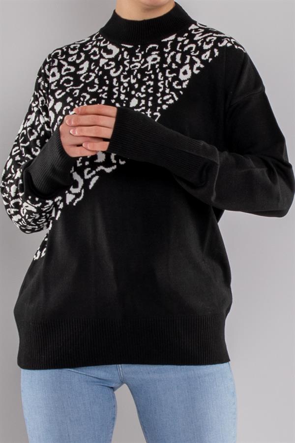 32274 Balıkçı Yaka Leopar Desenli Kazak