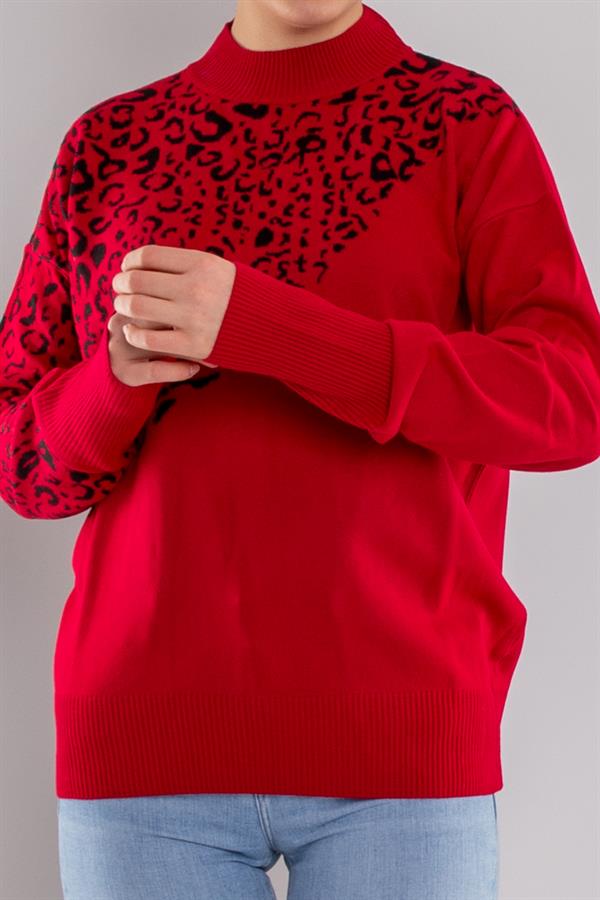 32274 Balıkçı Yaka Leopar Desenli Kazak