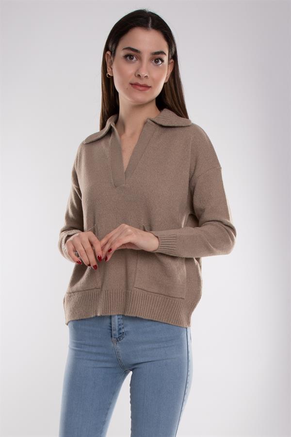 32419 Polo Yaka Cepli Triko Kadın Kazak