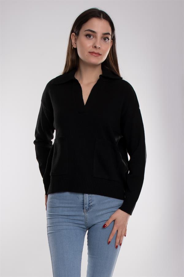 32419 Polo Yaka Cepli Triko Kadın Kazak