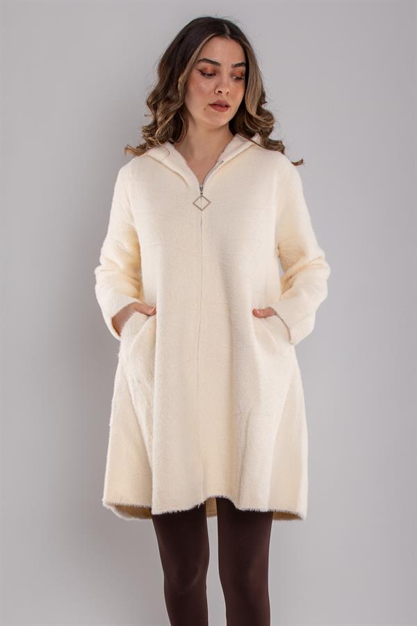 33035 Kapüşonlu Fermuarlı Angora Midiboy Kaban