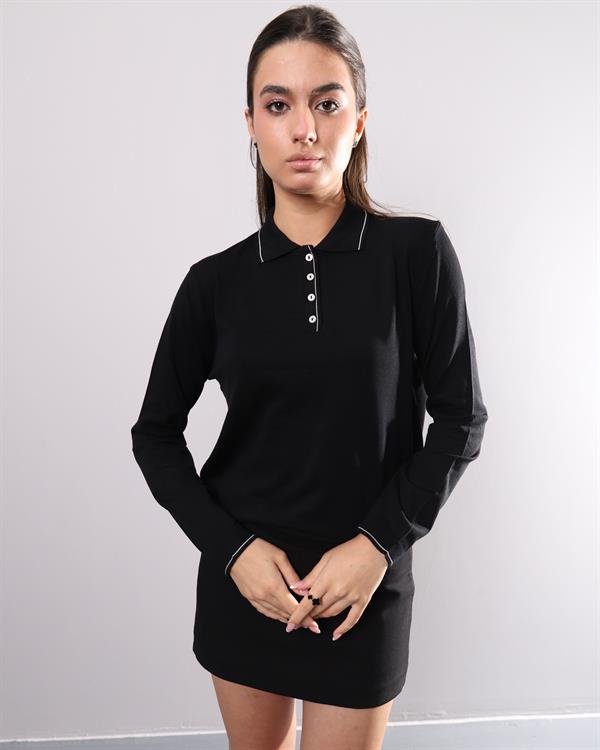 335 Polo Yaka Düğmeli İnce Çizgili Uzun Kol Triko