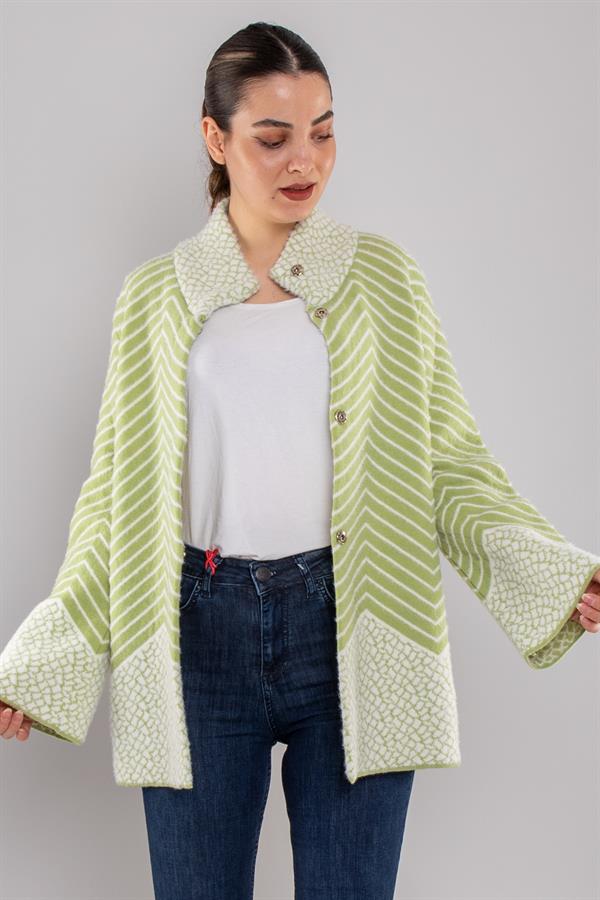 34365 Polo Yaka Çıtçıtlı Zigzag Desen Triko Hırka