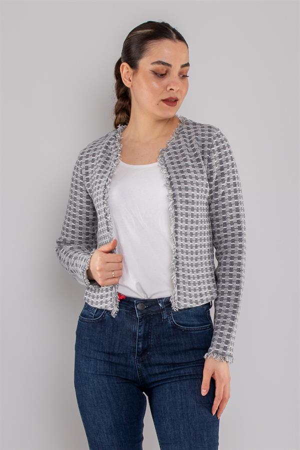 34449 Ekose Desen Kısa Triko Ceket