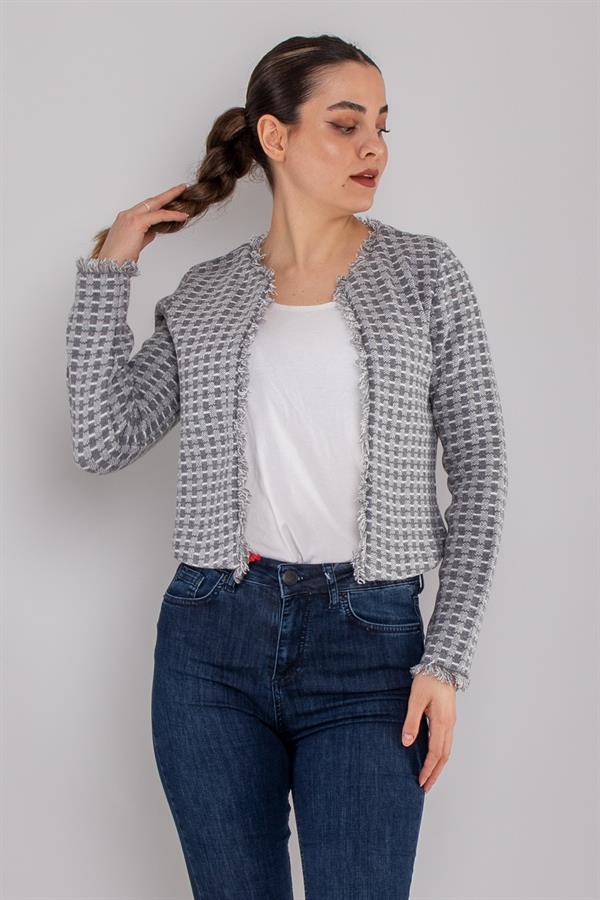 34449 Ekose Desen Kısa Triko Ceket