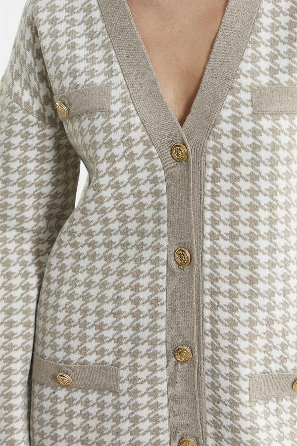34514 Kazayağı Motif Oversize Kadın Triko Ceket