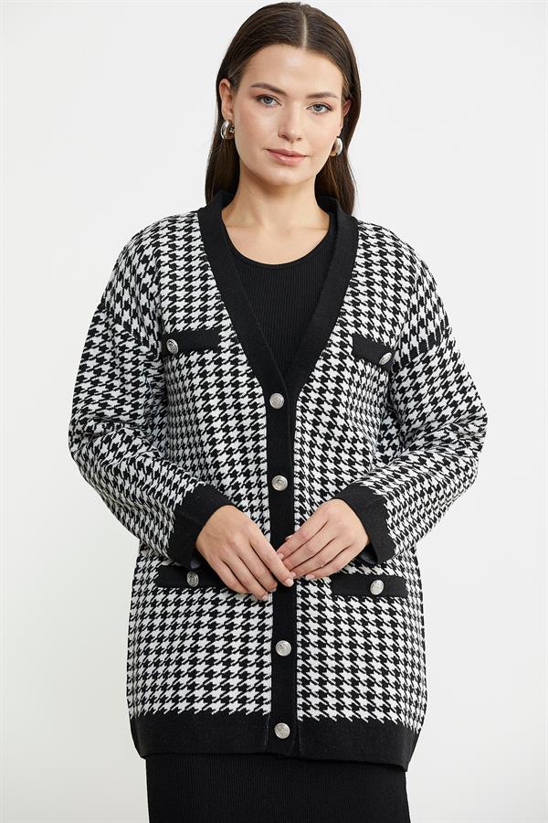 34514 Kazayağı Motif Oversize Kadın Triko Ceket