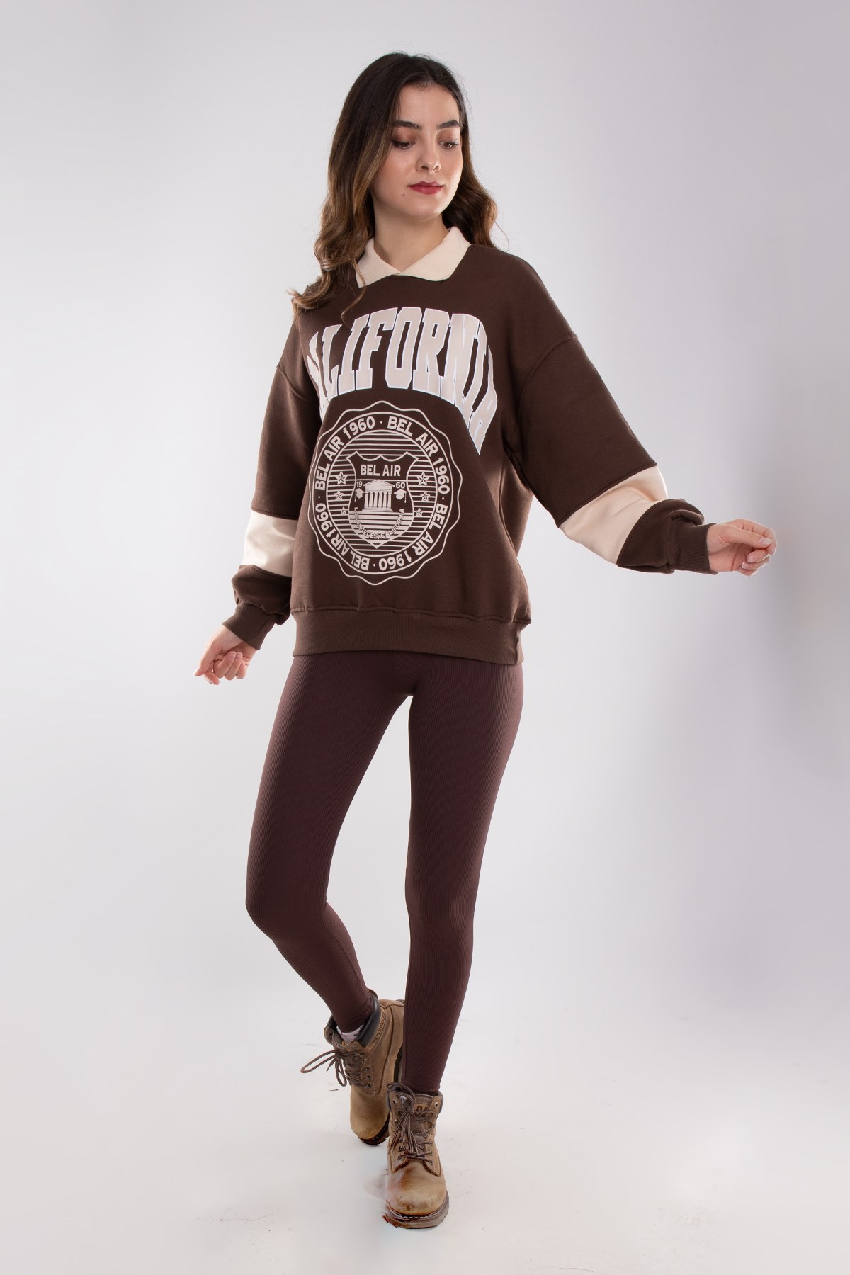 3686 Polo Yaka California İçi Şardon Pamuklu Kadın Sweat