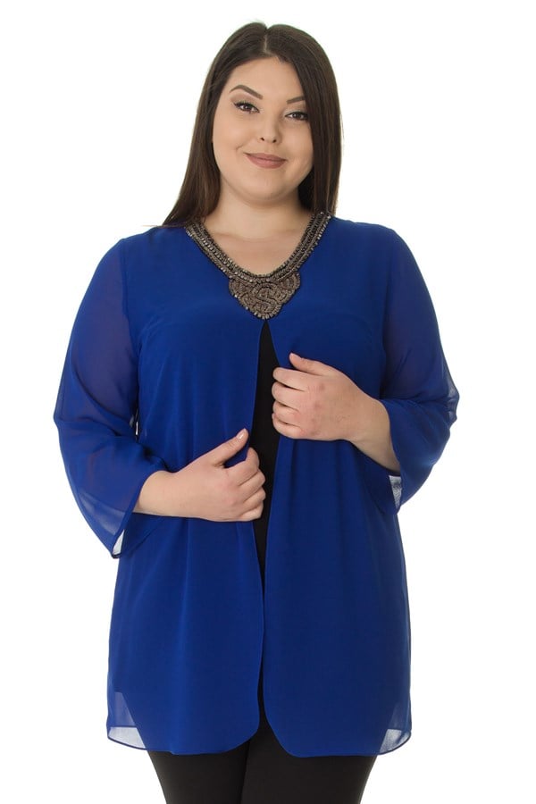 369 BB Yakası Taş İşleme Kolyeli Krep Bluz