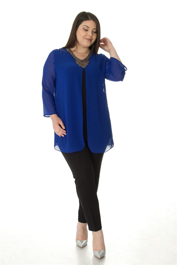 369 BB Yakası Taş İşleme Kolyeli Krep Bluz