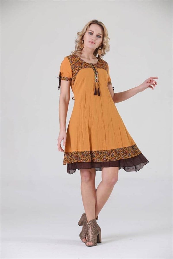 3704 BB Yaka Etnik Desen Otantik Elbise