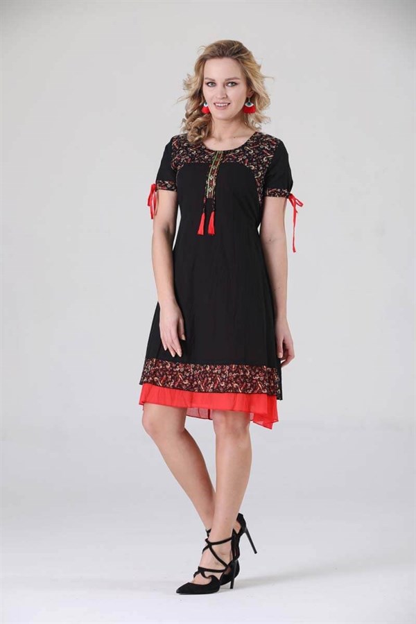 3704 BB Yaka Etnik Desen Otantik Elbise