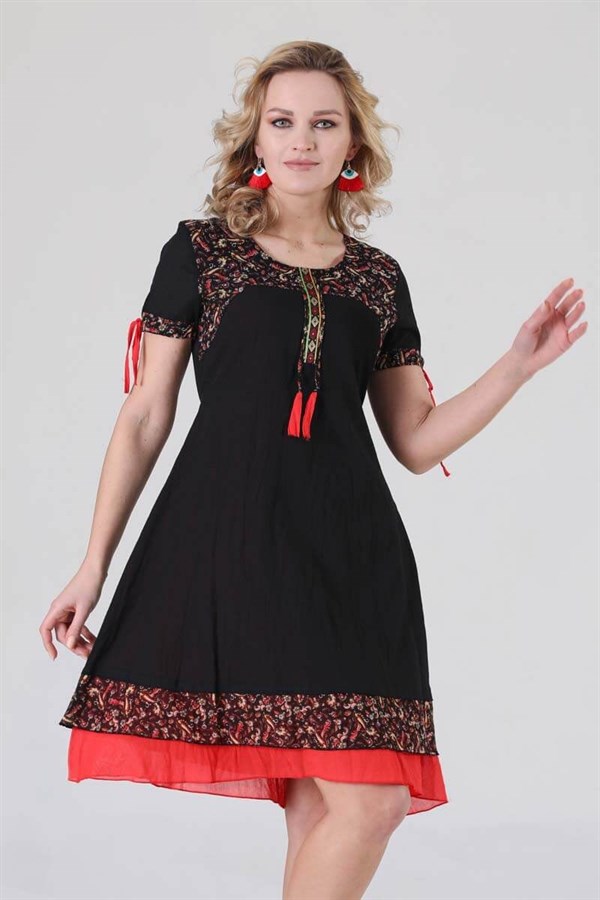 3704 BB Yaka Etnik Desen Otantik Elbise