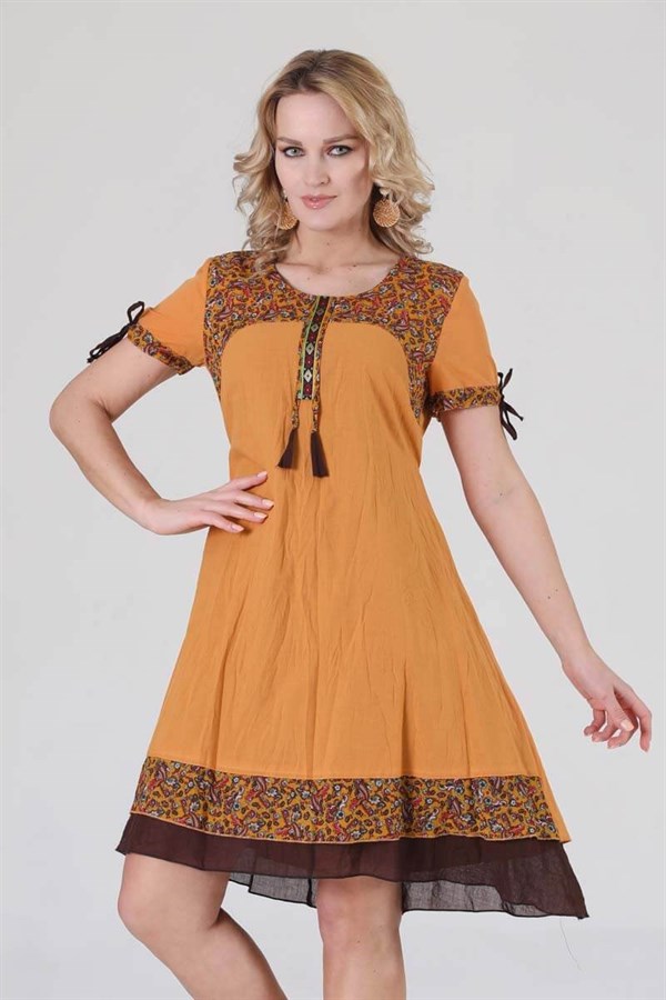 3704 BB Yaka Etnik Desen Otantik Elbise
