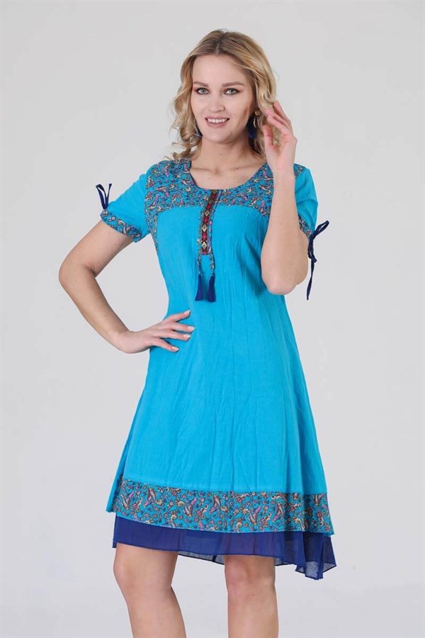 3704 BB Yaka Etnik Desen Otantik Elbise