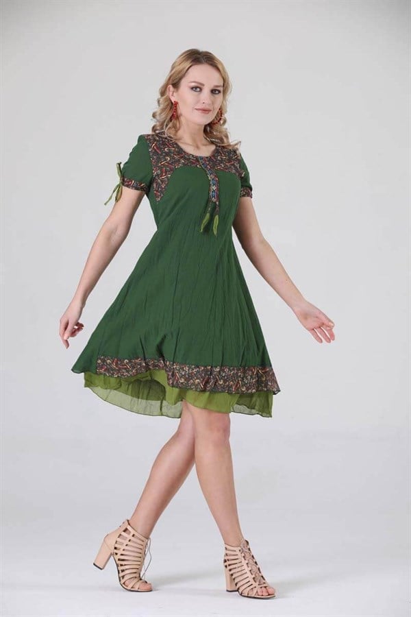 3704 BB Yaka Etnik Desen Otantik Elbise