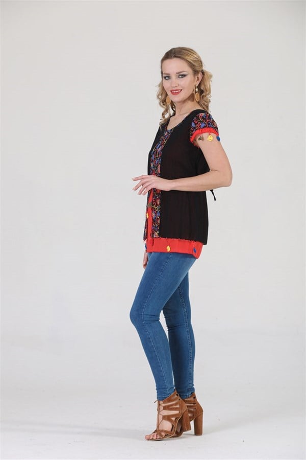 3762 BB Kısa Kol Oya İşli Desenli Pamuklu Otantik Bluz