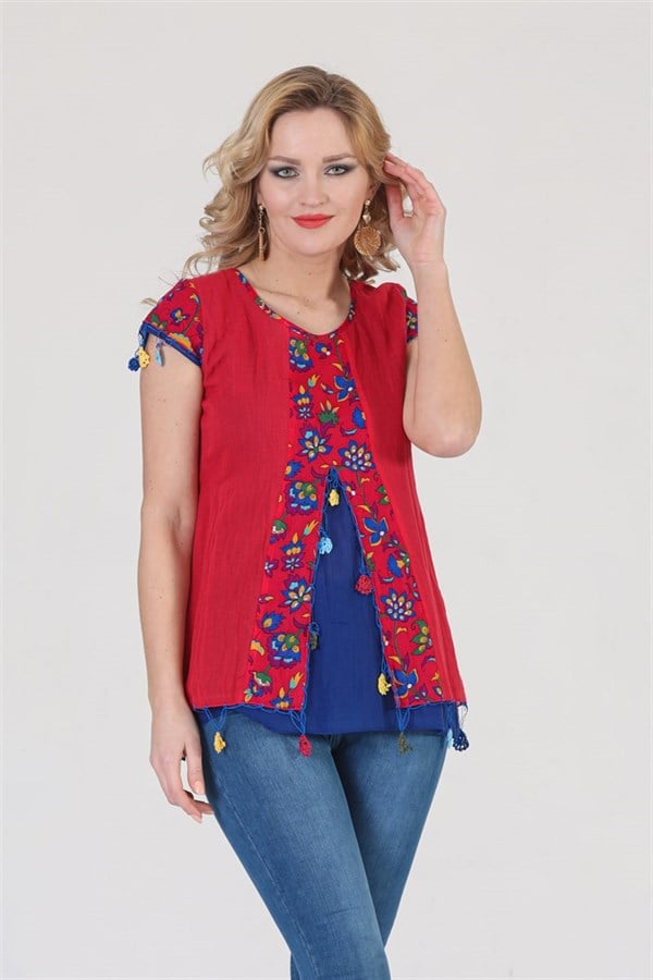 3762 BB Kısa Kol Oya İşli Desenli Pamuklu Otantik Bluz