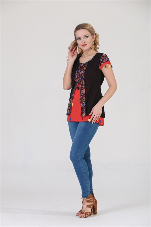 3762 BB Kısa Kol Oya İşli Desenli Pamuklu Otantik Bluz