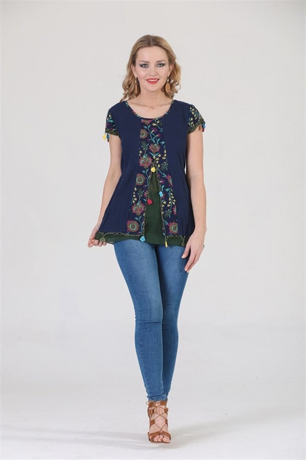 3762 BB Kısa Kol Oya İşli Desenli Pamuklu Otantik Bluz