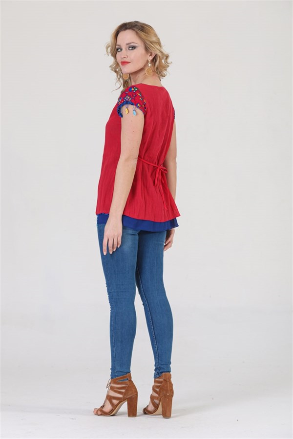 3762 BB Kısa Kol Oya İşli Desenli Pamuklu Otantik Bluz