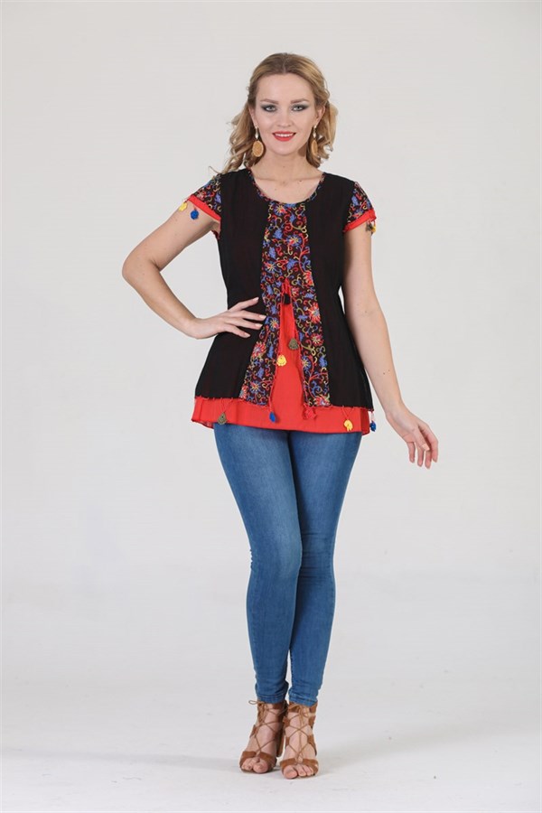 3762 BB Kısa Kol Oya İşli Desenli Pamuklu Otantik Bluz