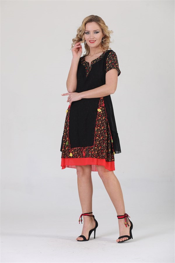 3821 BB Yakası Çiçekli Otantik Elbise