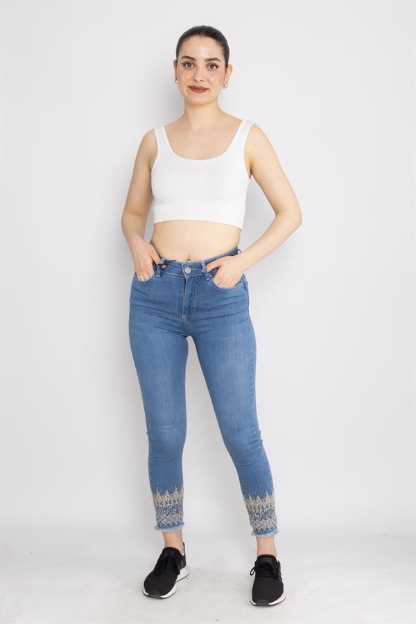 386 Linda Paça Püskül Nakışlı Kadın Kot Pantolon