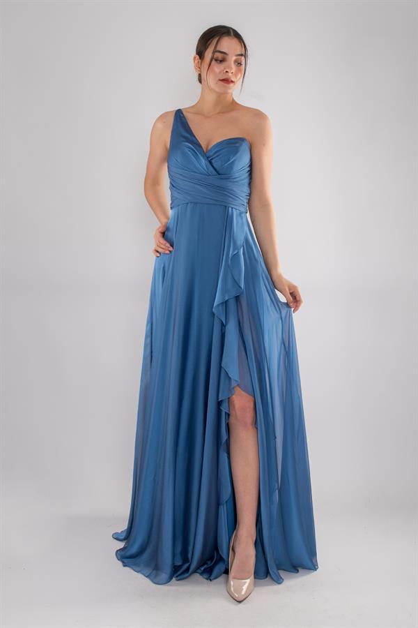4082 Tek Omuz Beli Drape Eteği Fırfırlı Kristal Uzun Elbise