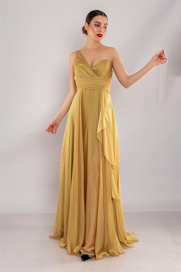 4082 Tek Omuz Beli Drape Eteği Fırfırlı Kristal Uzun Elbise