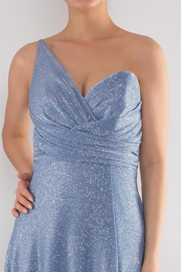4097 Tek Omuz Beli Drape Kendinden Simli Uzun Elbise