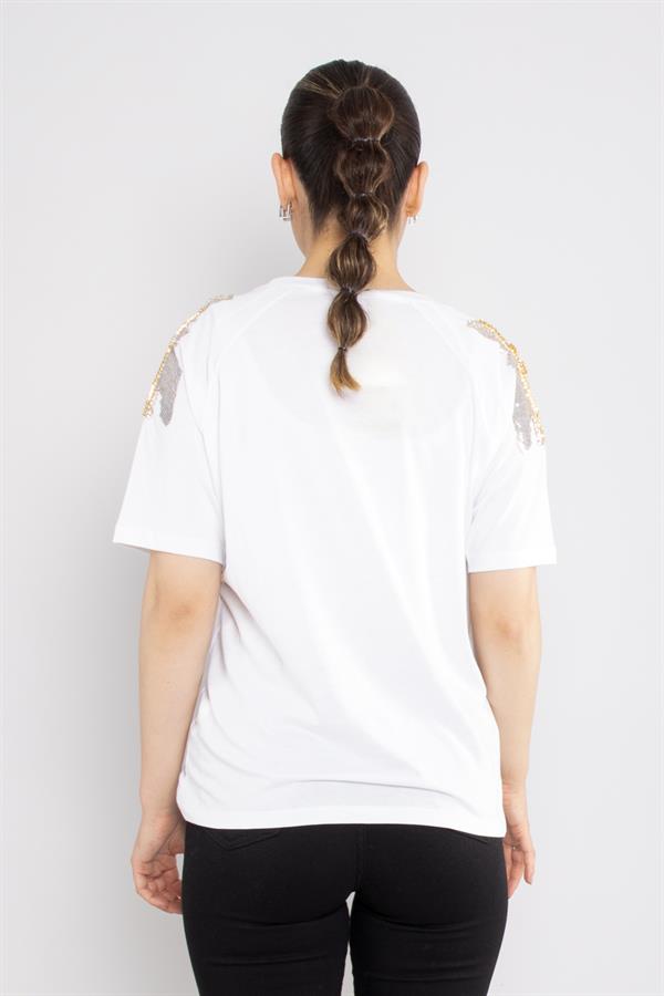 4530 Omuz Pullu Bisiklet Yaka Pamuklu Tshirt