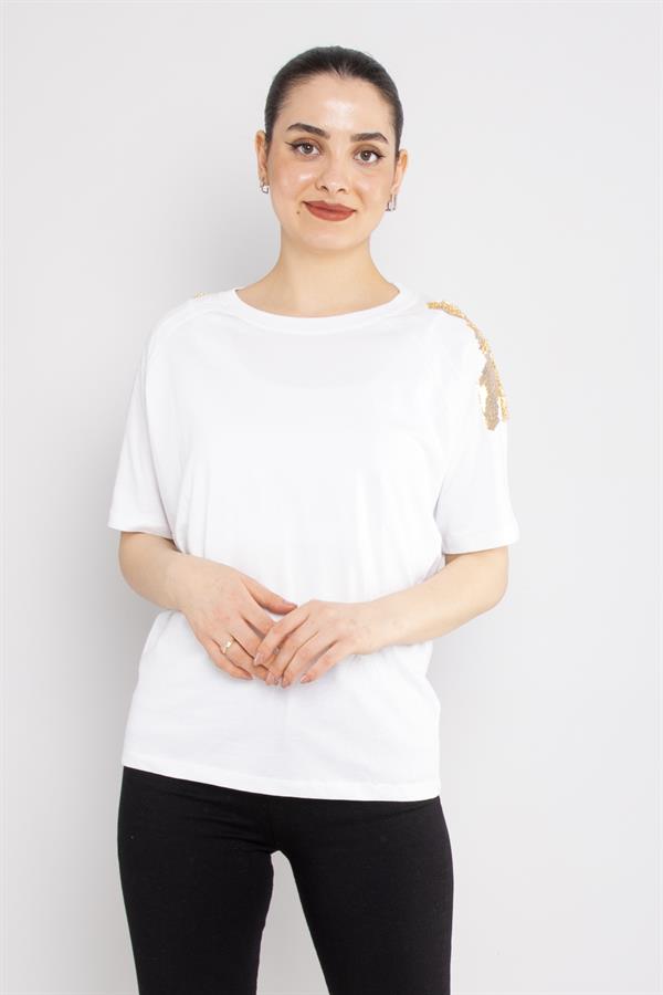 4530 Omuz Pullu Bisiklet Yaka Pamuklu Tshirt
