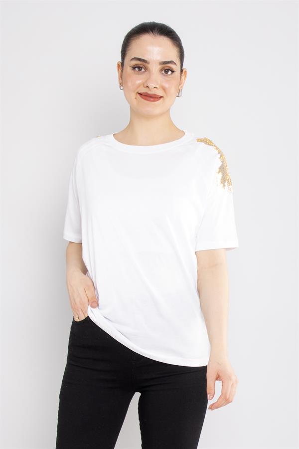 4530 Omuz Pullu Bisiklet Yaka Pamuklu Tshirt