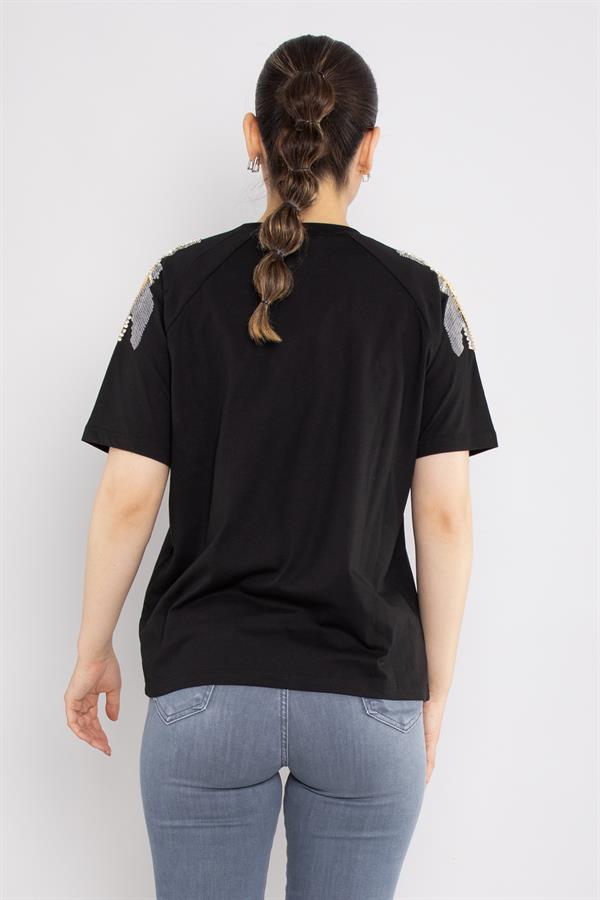 4530 Omuz Pullu Bisiklet Yaka Pamuklu Tshirt