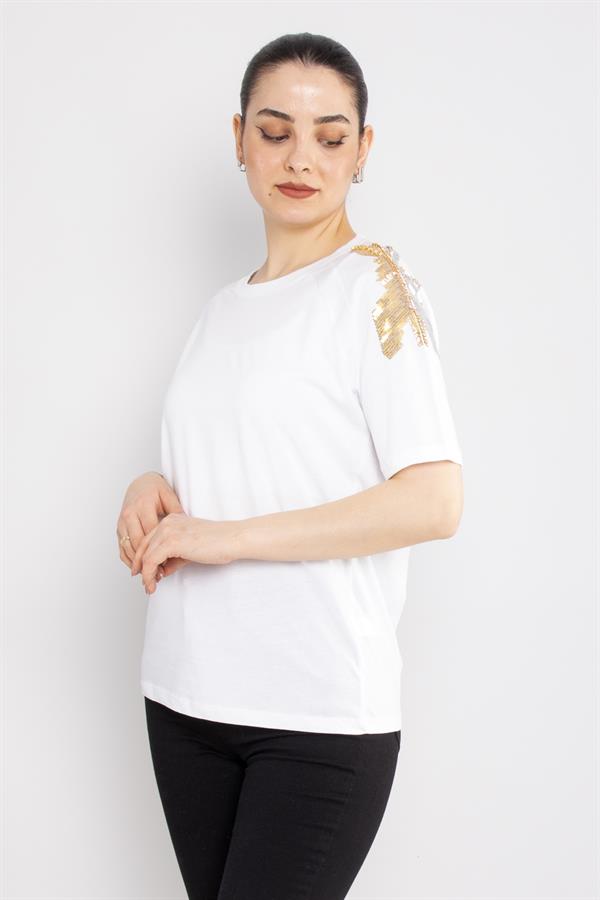 4530 Omuz Pullu Bisiklet Yaka Pamuklu Tshirt