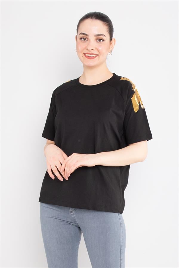4530 Omuz Pullu Bisiklet Yaka Pamuklu Tshirt