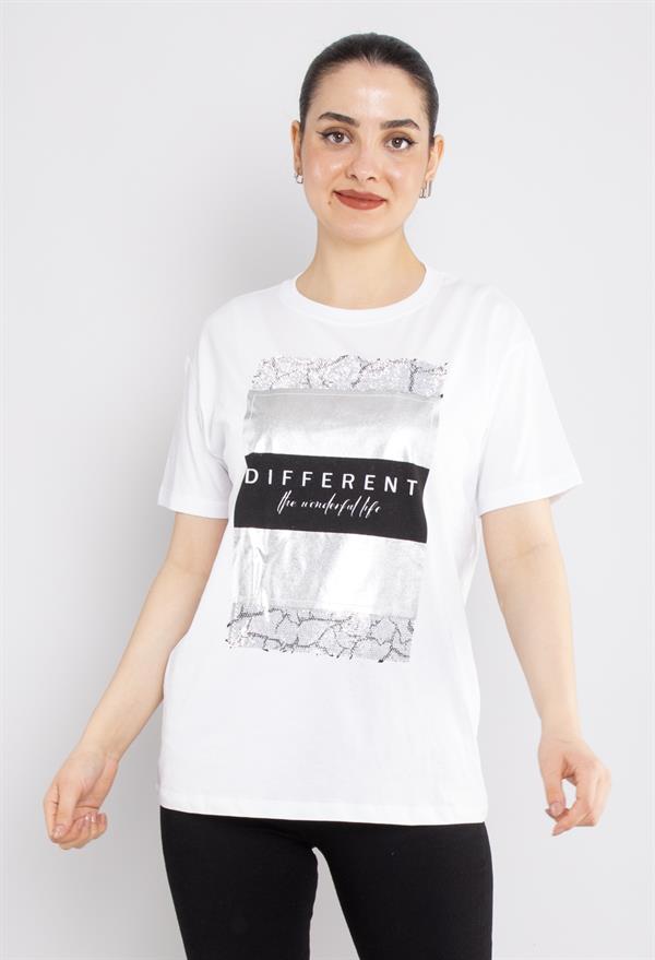 4545 Taşlı Yaldız Different Baskılı Bisiklet Yaka Kısa Kol Tshirt