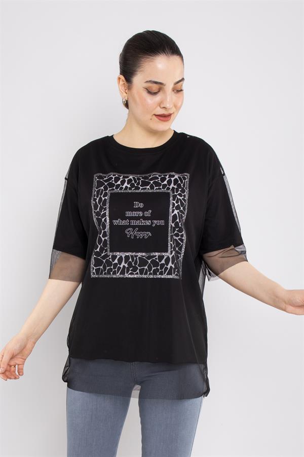 4630 Tüllü Leopar Desenli Bisiklet Yaka Pamuklu Tshirt