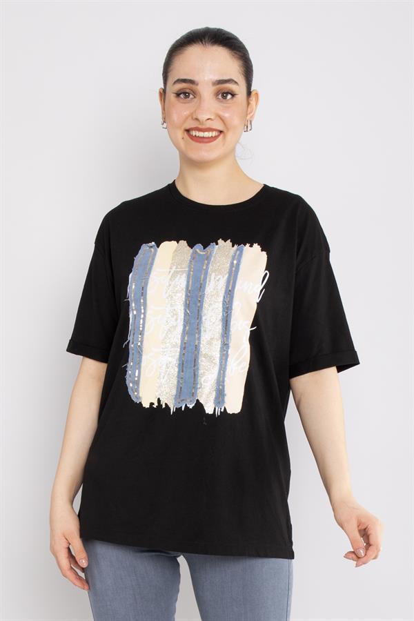 4632 Şerit Kotlu Yaldızlı Pullu Bisiklet Yaka Kısa Kol Tshirt