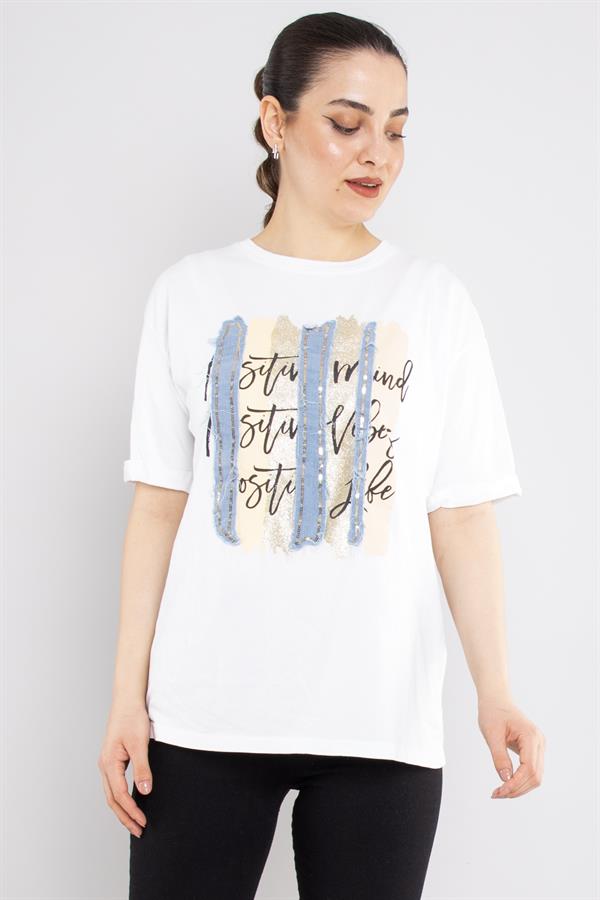 4632 Şerit Kotlu Yaldızlı Pullu Bisiklet Yaka Kısa Kol Tshirt