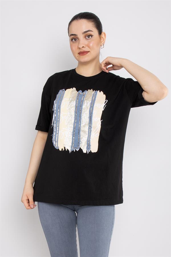 4632 Şerit Kotlu Yaldızlı Pullu Bisiklet Yaka Kısa Kol Tshirt