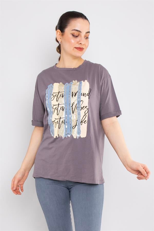 4632 Şerit Kotlu Yaldızlı Pullu Bisiklet Yaka Kısa Kol Tshirt