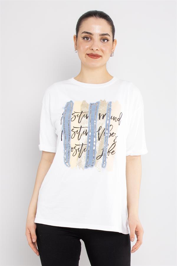 4632 Şerit Kotlu Yaldızlı Pullu Bisiklet Yaka Kısa Kol Tshirt