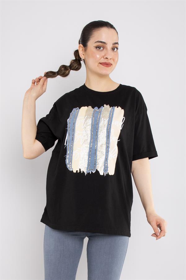 4632 Şerit Kotlu Yaldızlı Pullu Bisiklet Yaka Kısa Kol Tshirt